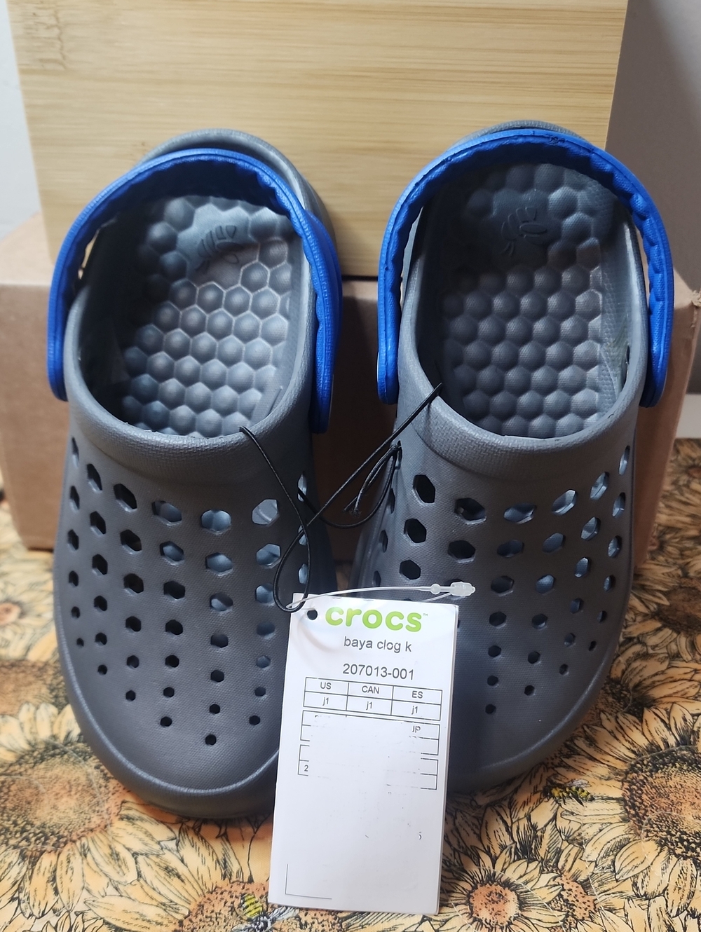 CROCS Kids Baya Clog in Gray with Blue Strap